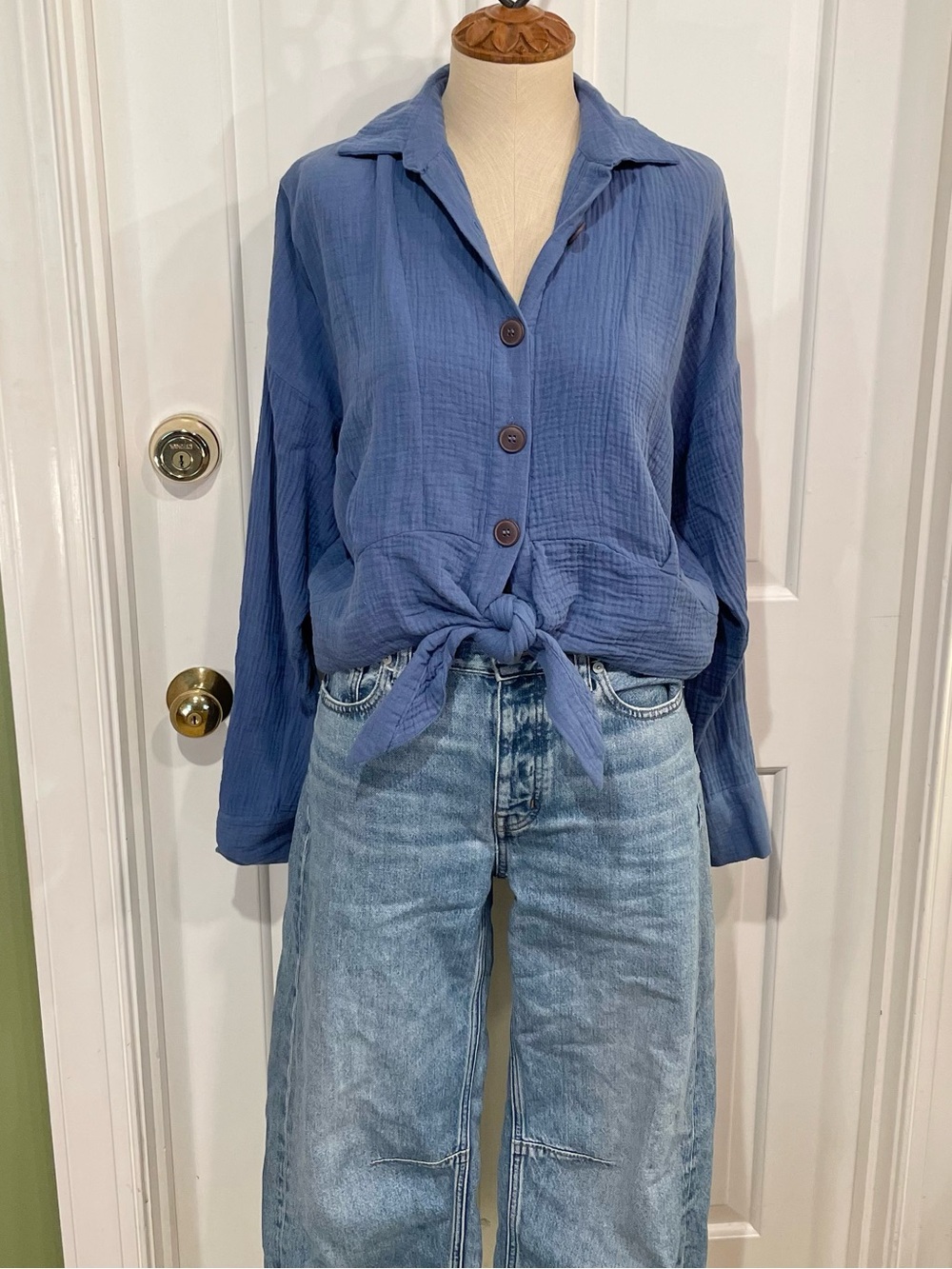Free People 100% Cotton Ocean Blue Sun Streaks Button Down